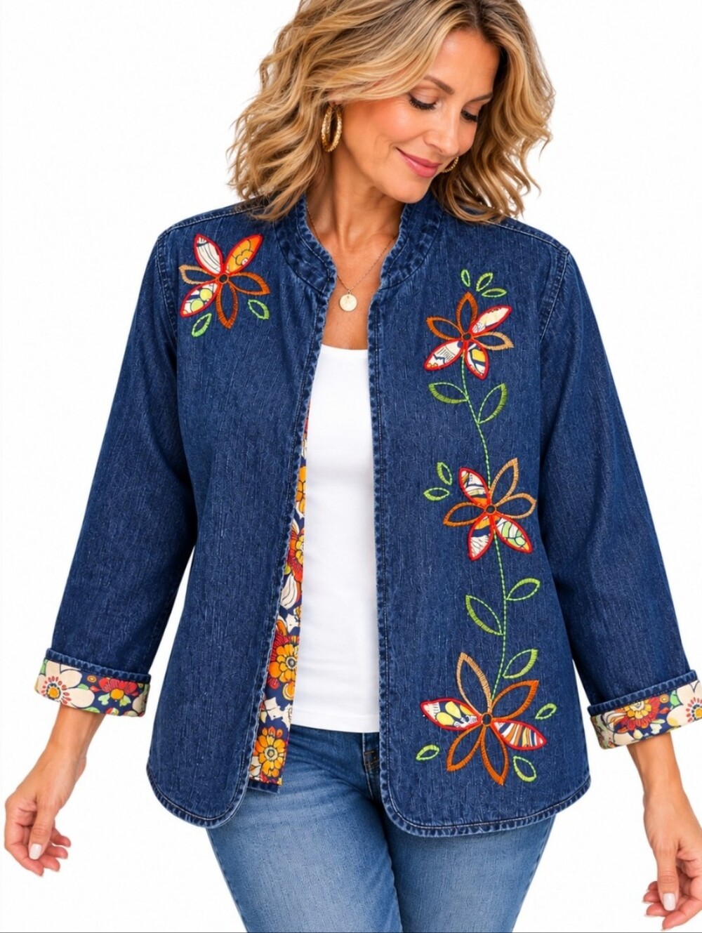 Alfred Dunner Women’s Size 12 Denim Floral Embroidered Jacket Ramie Cotton